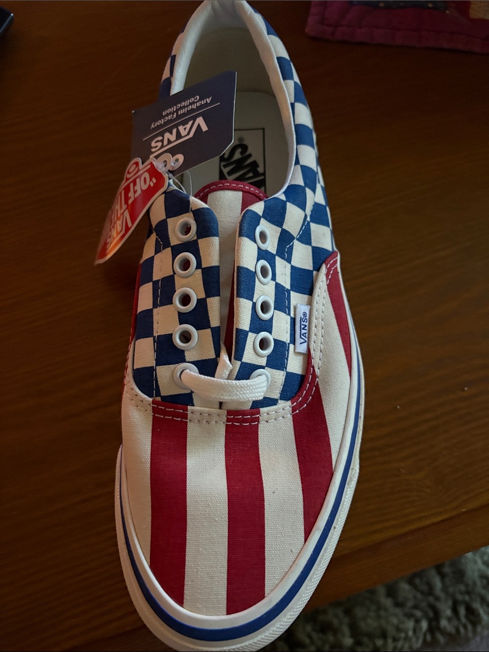 Vans Mens Checkerboard & Striped Sneaker in Red, White & Blue (Single Left)